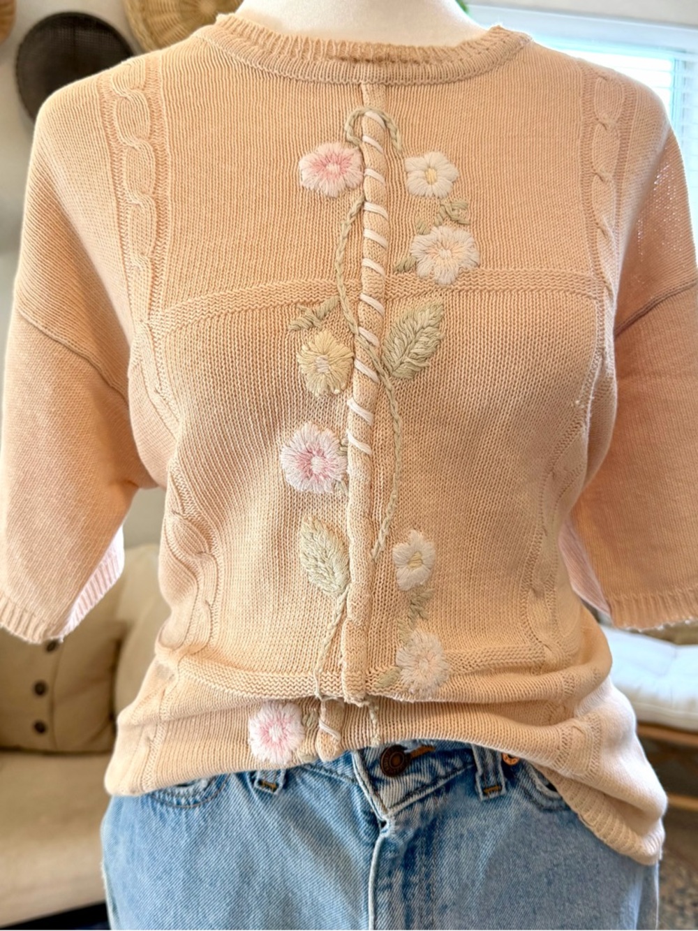 Vintage Artsy Boho Cottagecore Ramie Cotton Floral Grandma Embroidered Sweater